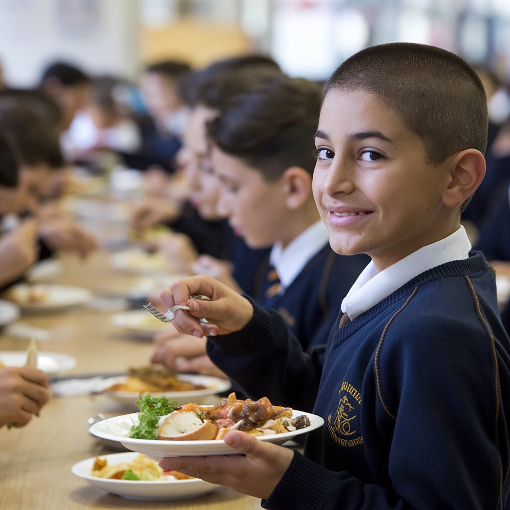 Hispanic schoolboy holds a plate of food in school cafeteria